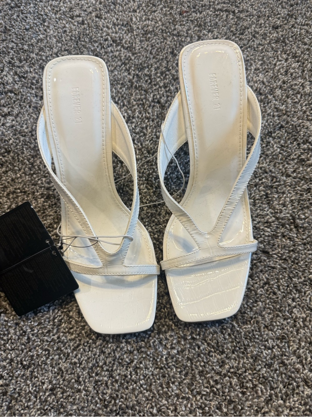 Forever 21 White Croc-Embossed Strappy Square-Toe Heels